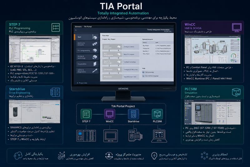 نمای کلی اجزای TIA Portal شامل STEP7، WinCC، Startdrive و PLCSIM