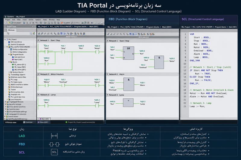 نمایش سه زبان LAD، FBD و SCL در محیط TIA Portal